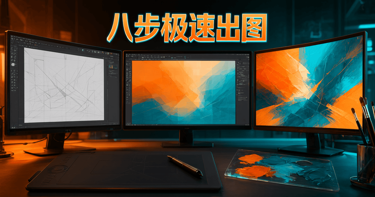 多块屏幕上的图像生成工作台,画布与调色板呈现从草稿到成图的过程
