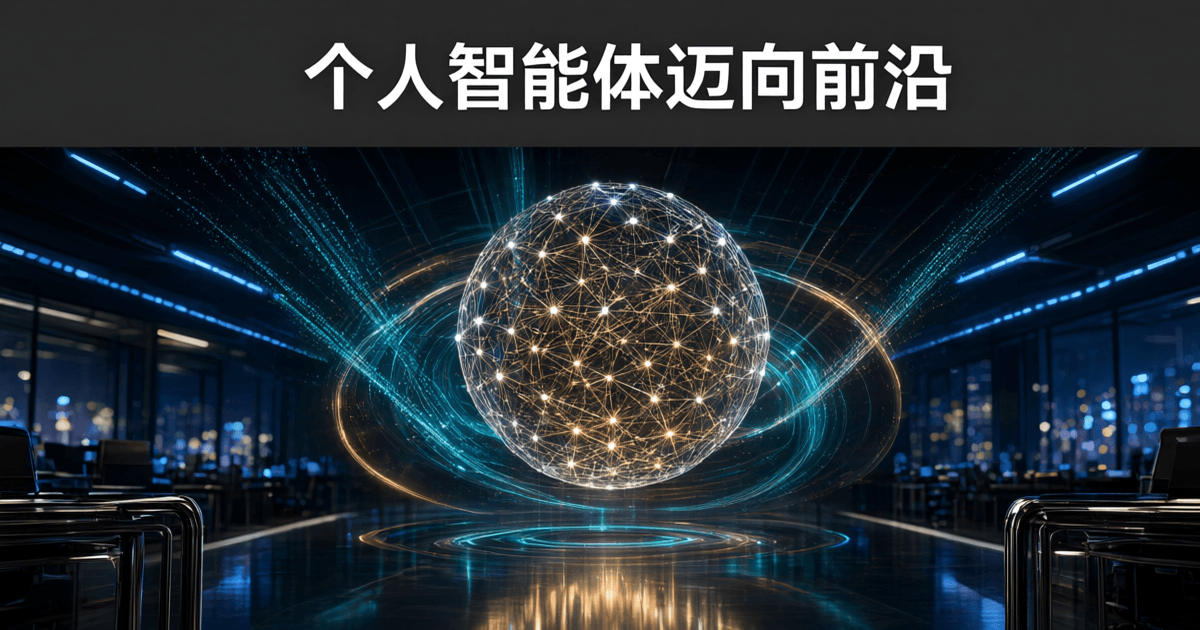 代表个人智能体记忆与专注的抽象发光图:深色空间中的半透明发光记忆晶格与环绕数据光带