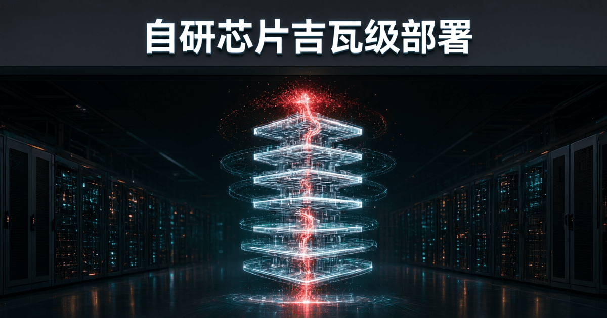 数据中心冷通道纵深与悬浮的多层发光算力塔,象征自研 AI 芯片的吉瓦级部署