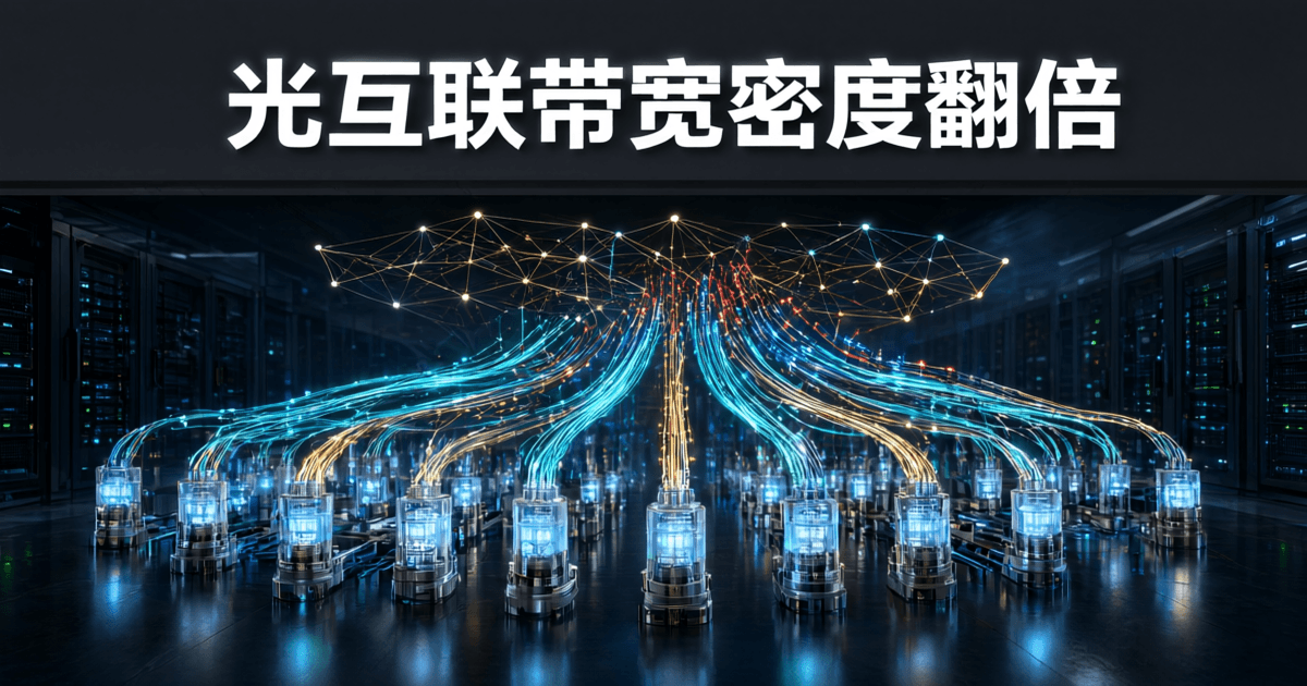 深色数据中心内成排发光光模块与交织的青色金色光纤束,象征高速 AI 网络互联