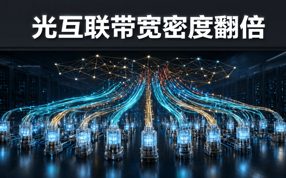 深色数据中心内成排发光光模块与交织的青色金色光纤束,象征高速 AI 网络互联