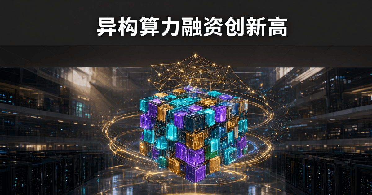 由多种颜色发光模块拼接而成的异构算力结构,象征多芯片协同与 AI 基础设施融资