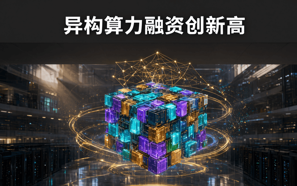 由多种颜色发光模块拼接而成的异构算力结构,象征多芯片协同与 AI 基础设施融资