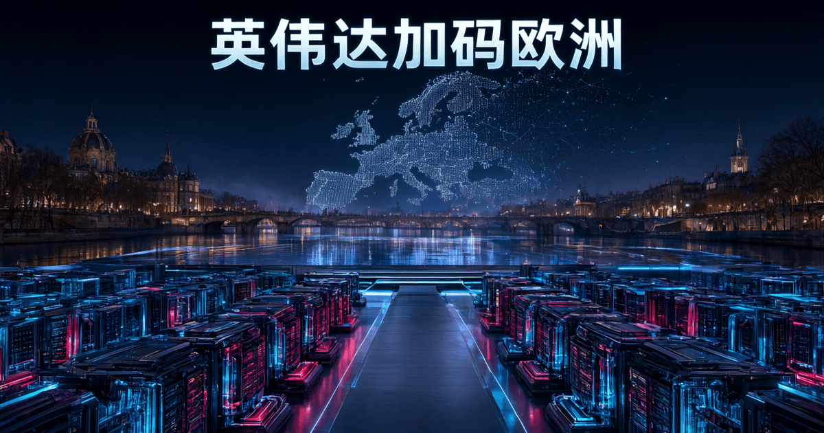 巴黎科技发布现场前景是排列整齐的加速卡机架,背景是欧洲古典建筑天际线与发光点阵版图