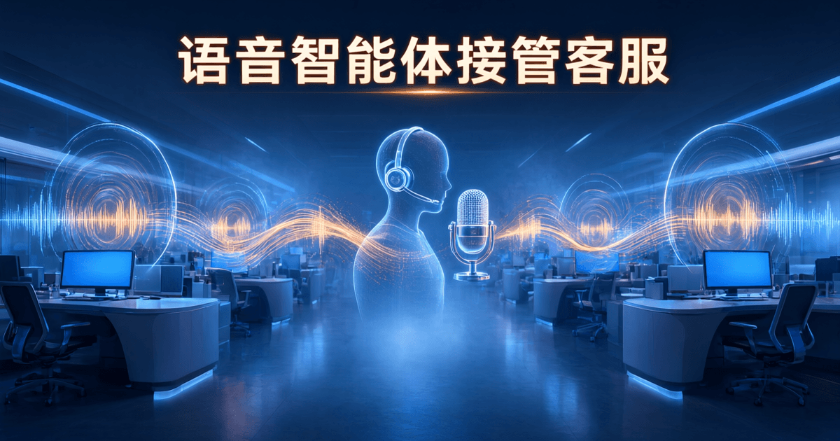 现代呼叫中心成排工位上空悬浮发光声波环形,中央声纹连接人形轮廓与话筒