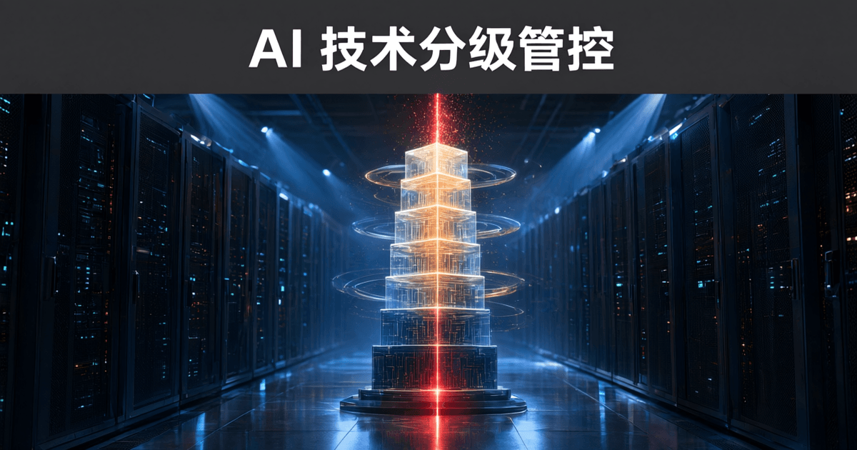 数据中心冷通道纵深中悬浮着多层发光薄板堆叠的层级塔,赤红光带贯穿塔体,顶部深灰吊顶上排布白色中文标题 AI 技术分级管控