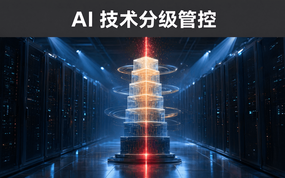 数据中心冷通道纵深中悬浮着多层发光薄板堆叠的层级塔,赤红光带贯穿塔体,顶部深灰吊顶上排布白色中文标题 AI 技术分级管控