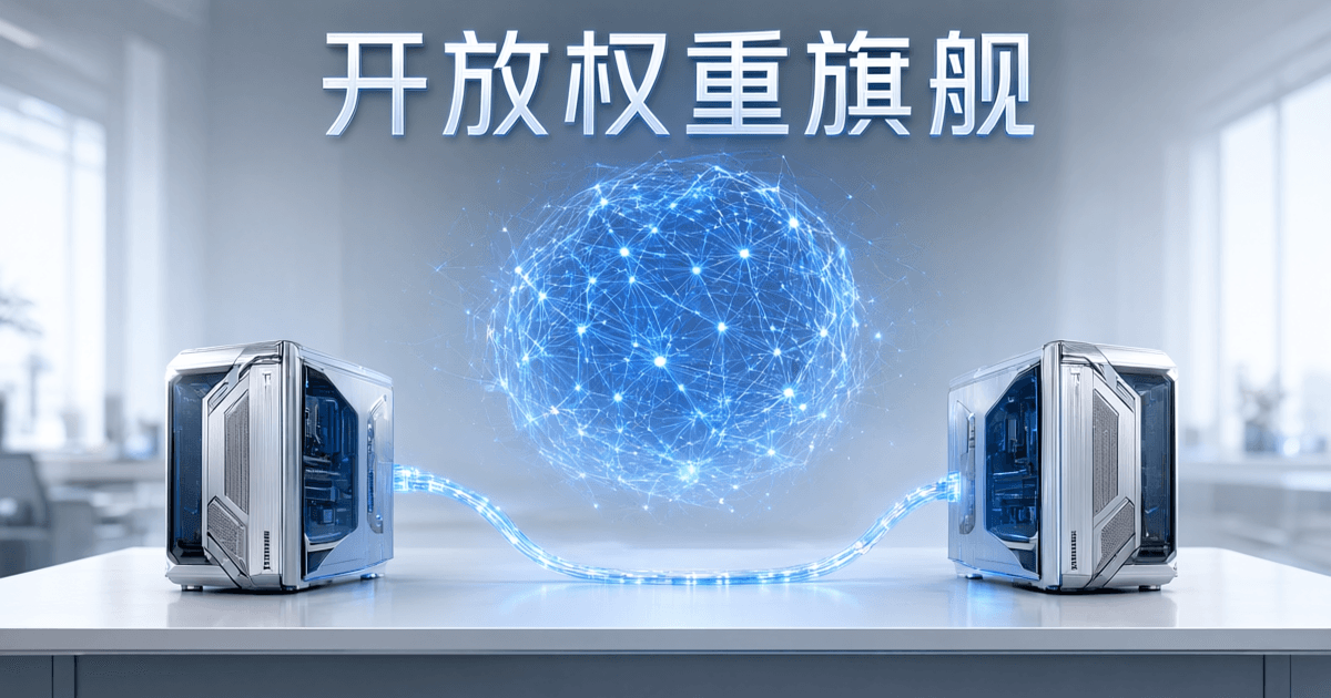 两台并排的银色高性能台式电脑通过发光数据线相连,中央悬浮由蓝色光点组成的神经网络球体,画面顶部有一行中文大标题