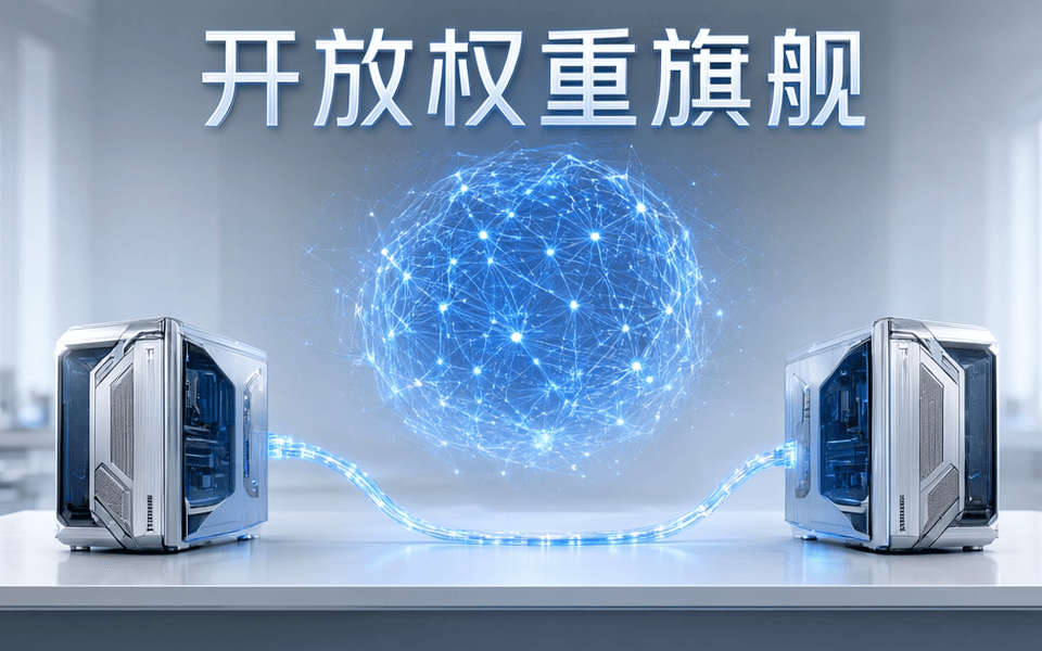 两台并排的银色高性能台式电脑通过发光数据线相连,中央悬浮由蓝色光点组成的神经网络球体,画面顶部有一行中文大标题