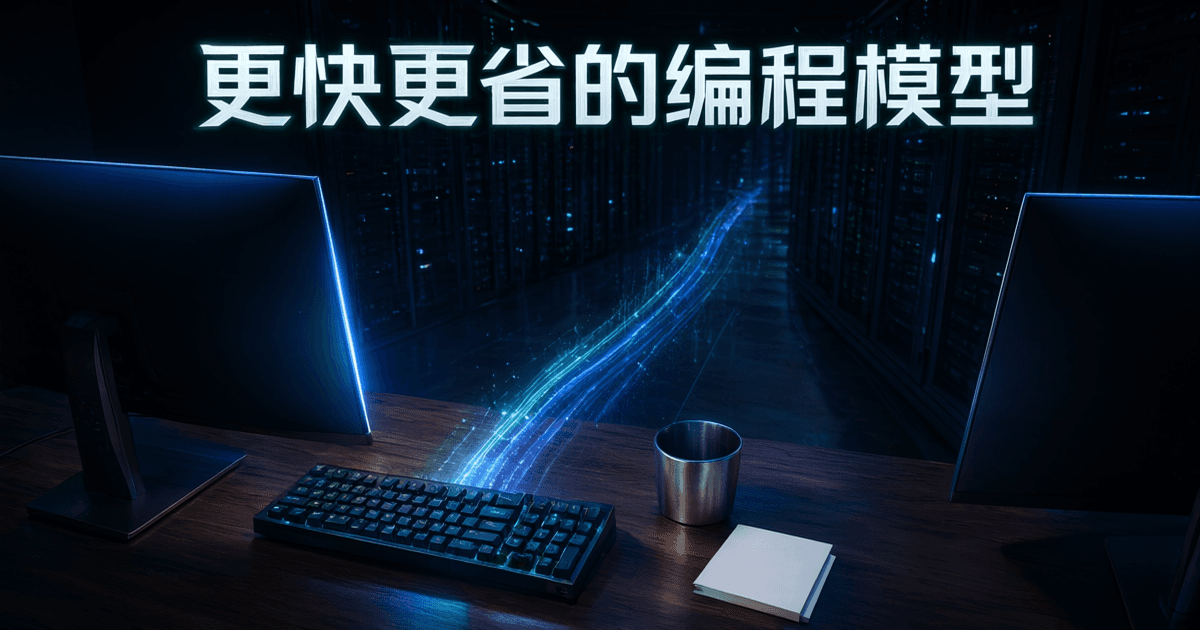 开发者工作台的双屏与蓝色数据光带,画面上方为中文标题更快更省的编程模型