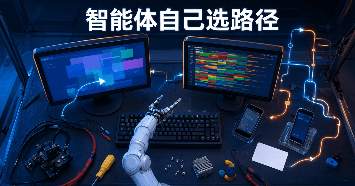 俯视双屏工作区与机械臂、半透明流程线,画面上方为中文标题智能体自己选路径