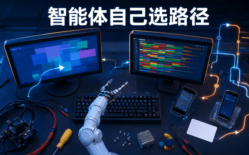 俯视双屏工作区与机械臂、半透明流程线,画面上方为中文标题智能体自己选路径
