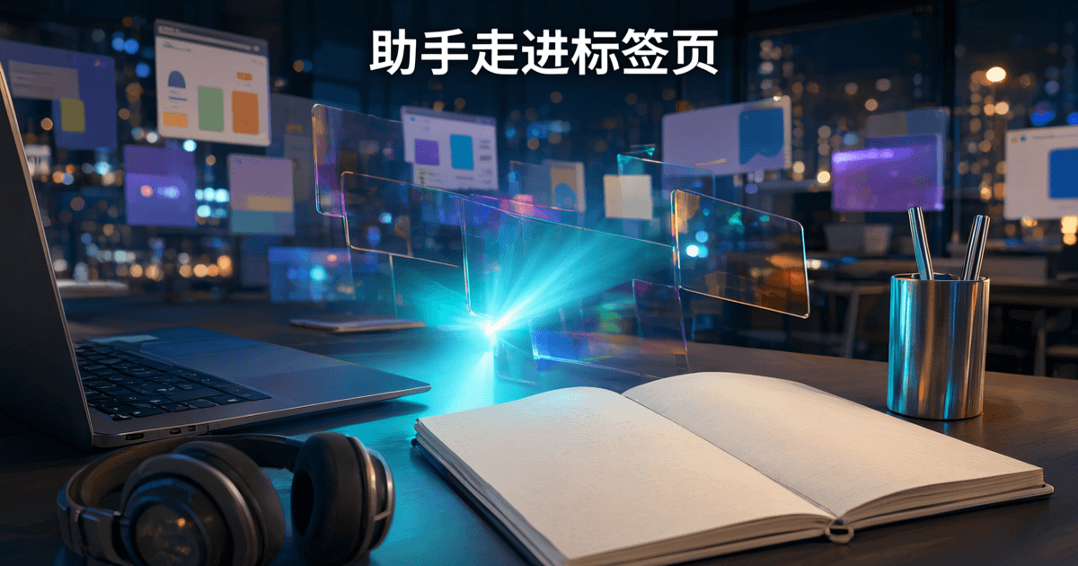 层叠展开的半透明网页卡片与青色光束,画面上方为中文标题助手走进标签页