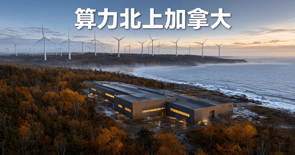 海岸边的数据中心园区与远处风力发电机群,画面上方为中文标题算力北上加拿大