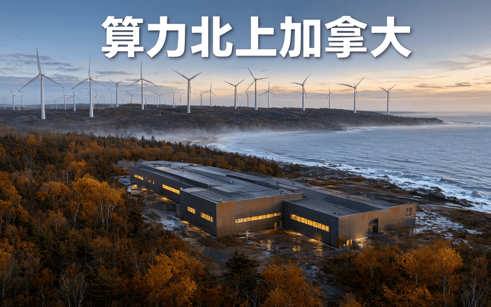 海岸边的数据中心园区与远处风力发电机群,画面上方为中文标题算力北上加拿大
