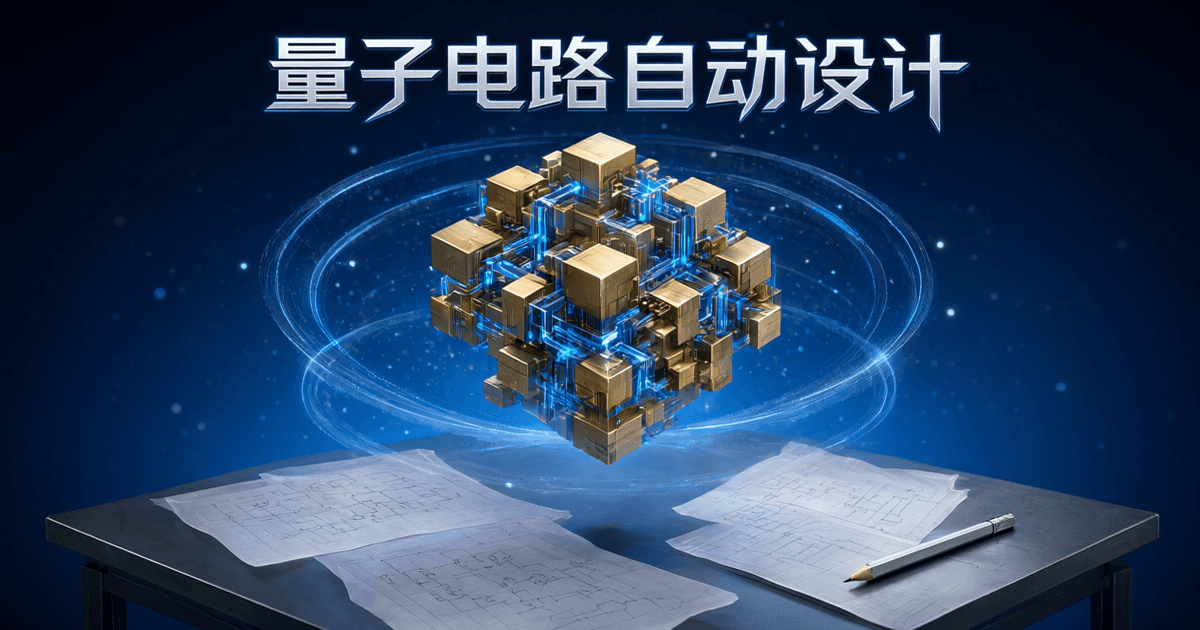 金黄色立方体构成的量子处理器结构与蓝色激光光路,旁边悬浮着手写的电路草图,顶部有中文标题