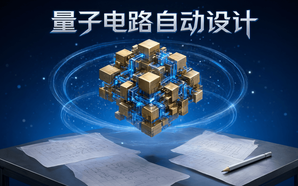 金黄色立方体构成的量子处理器结构与蓝色激光光路,旁边悬浮着手写的电路草图,顶部有中文标题