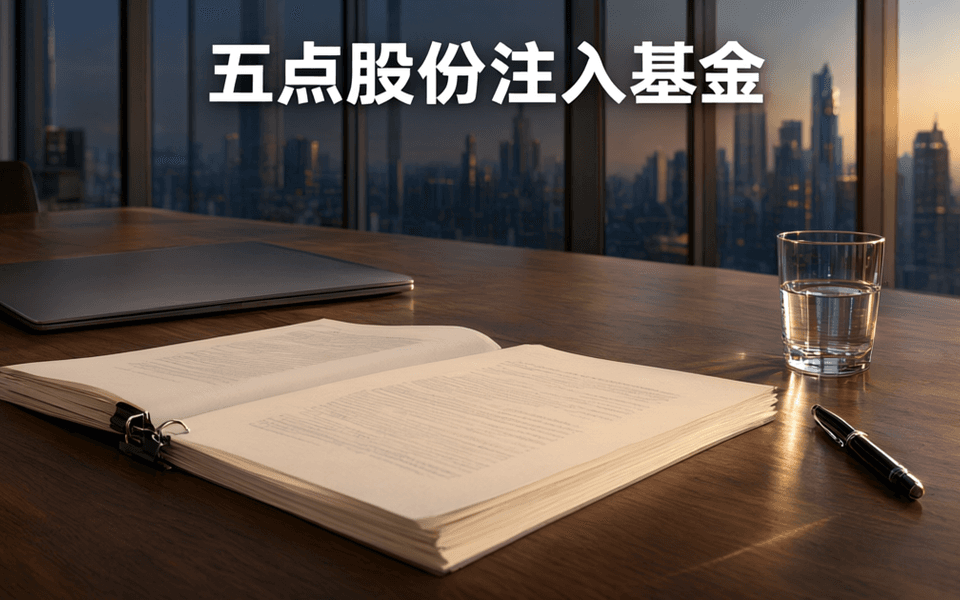 深色会议室长桌上摆放着股权文件与计算器,背景是玻璃幕墙外的城市天际线,顶部有中文标题
