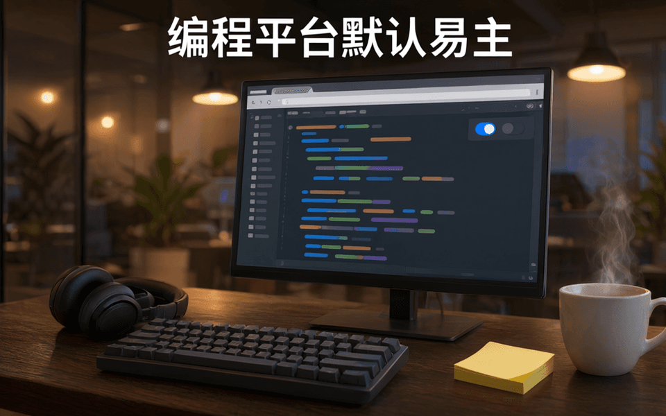 浏览器中的云端编程界面,代码编辑器旁悬浮两个并列的模型切换开关,桌面有键盘与咖啡杯,顶部有中文标题
