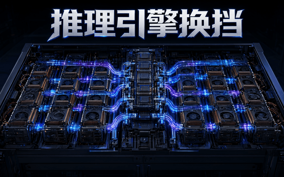 服务器机架剖面,数据光流从中央调度器分发到多排 GPU 节点