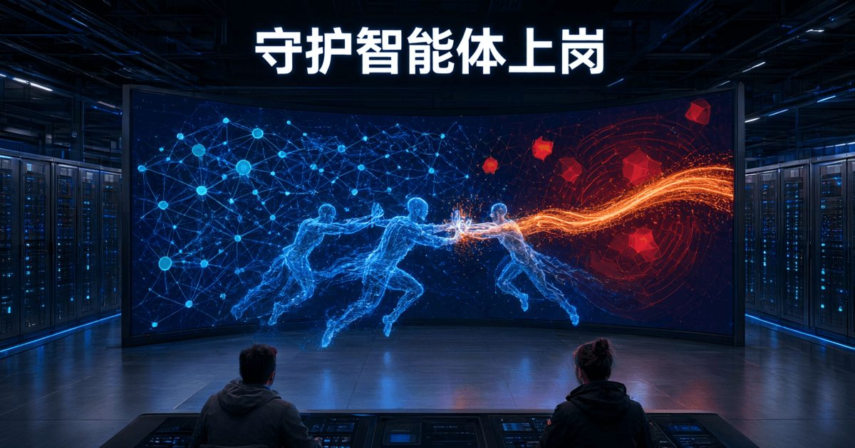 安全运营中心大屏前,数个发光人形守护智能体拦截一条橙色越界数据流