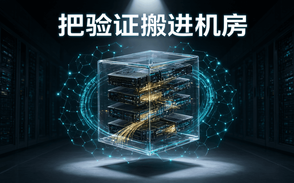 玻璃立方体内封存发光数据流与服务器刀片,外环绕青色验证网格