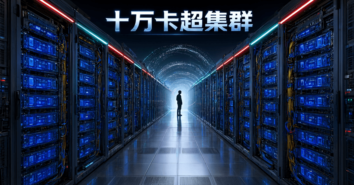 超大规模机房内成排高密度机柜纵深延伸,远端一名工程师站在光带前