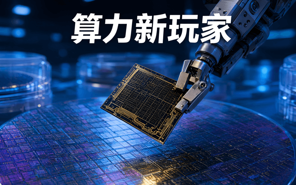 洁净室中机械臂夹持一枚深色 AI 加速芯片裸片,悬于晶圆上方