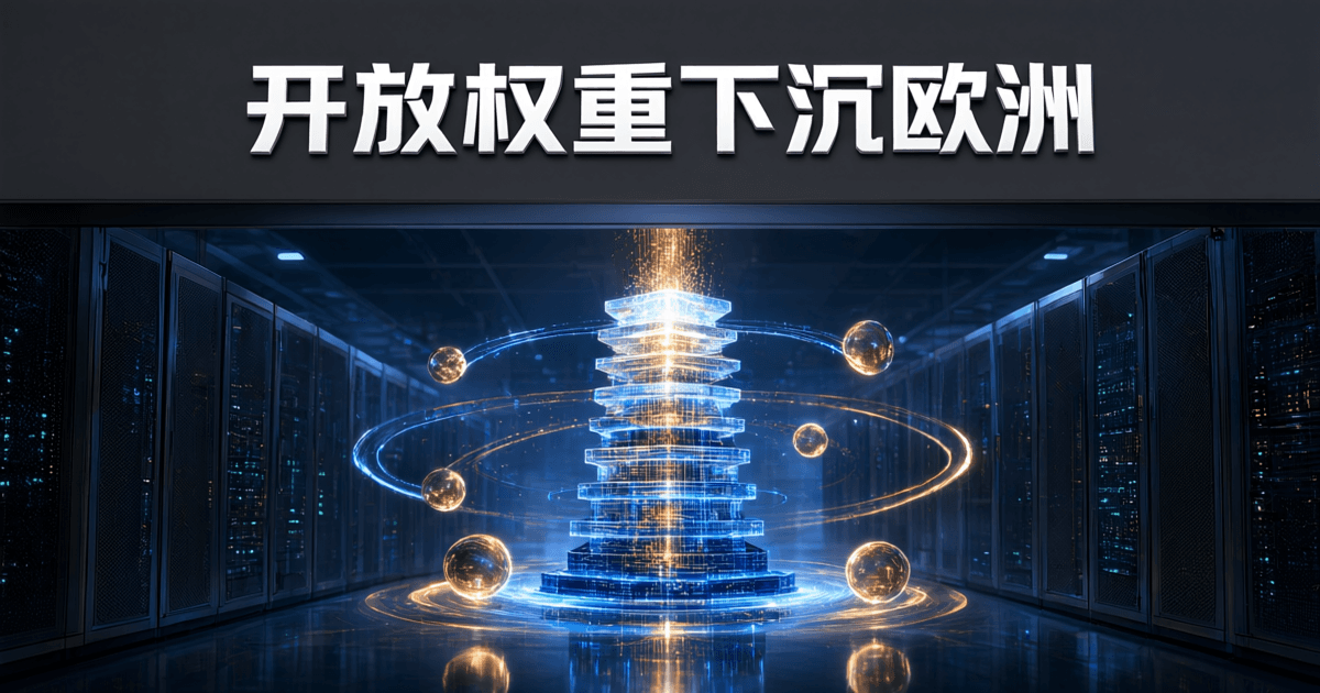 数据中心冷通道中,中央垂直多层发光薄板层级塔自下而上逐级变亮,六个发光球体环绕塔身,同心光环与抛光地面倒影