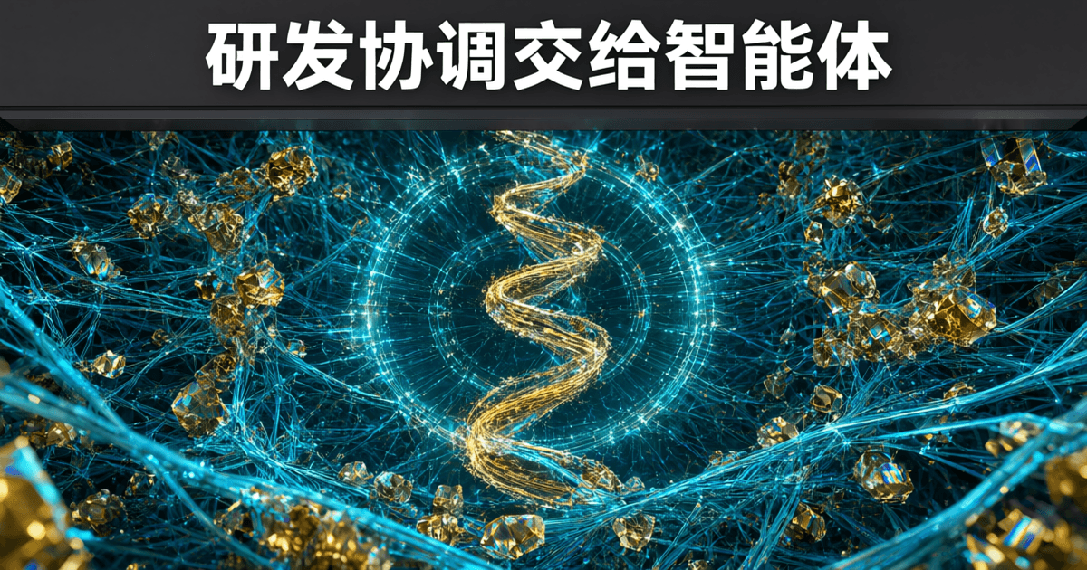 超高倍显微视角下密集的青蓝色发光丝状纤维网络,其间散布半透明金色晶体颗粒,画面中央金色双螺旋骨架被多层同心光环环绕