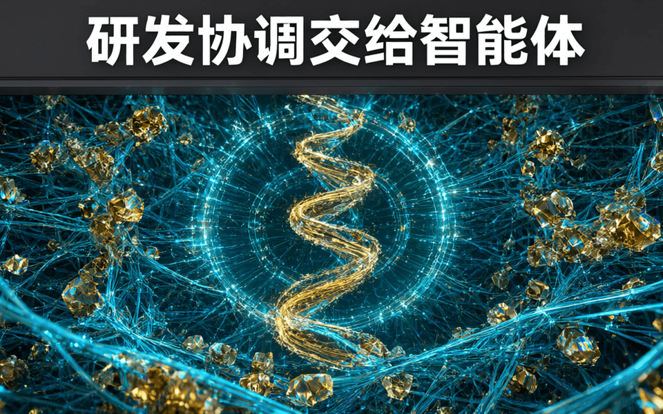 超高倍显微视角下密集的青蓝色发光丝状纤维网络,其间散布半透明金色晶体颗粒,画面中央金色双螺旋骨架被多层同心光环环绕