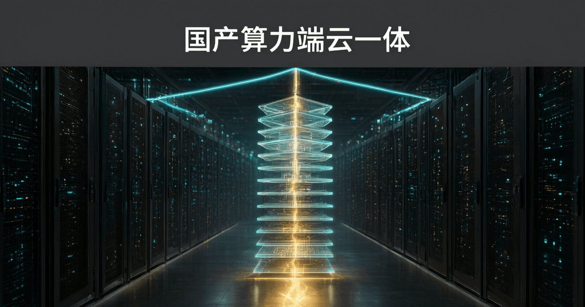 深灰色吊顶下方是数据中心冷通道纵深,两侧成排网孔机柜亮着指示灯,中央多层发光薄板堆叠成垂直塔,青色光带向两侧分叉连接机柜