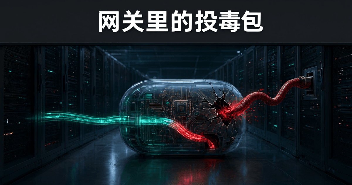 数据中心走廊中央一只半透明胶囊状网关设备,一条暗红色蠕虫状光缆从侧面刺穿外壳,内部数据流在分岔处分向青绿与赤红两路