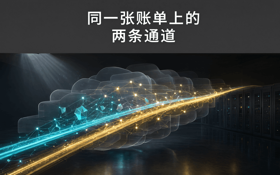 两条并行的发光数据轨道穿过层叠云状结构,最终汇入同一排机柜