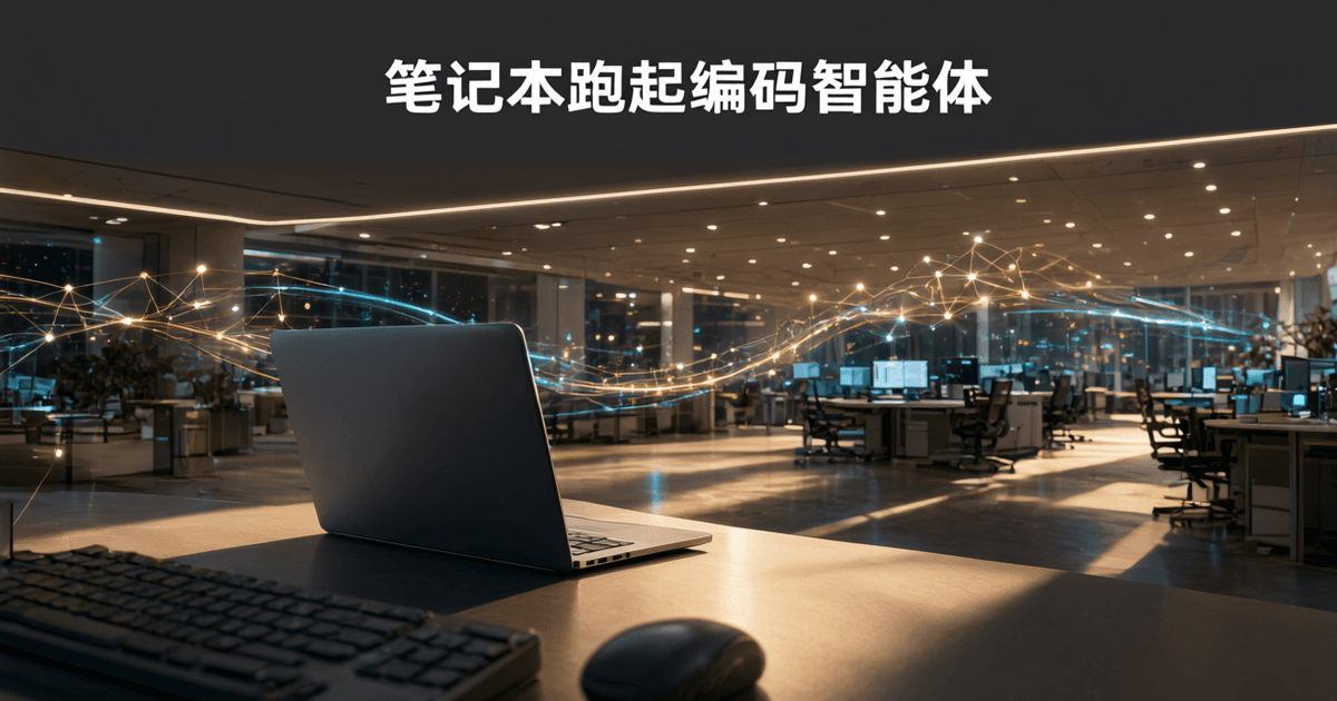 深夜研发工作台特写,前景键盘虚化,笔记本侧面与成排工位延伸至远处灯火
