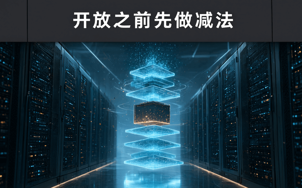 机房中一座由发光薄板层层堆叠的垂直塔,中间一层被整块抽离留下空档,两侧成排机柜向深处延伸