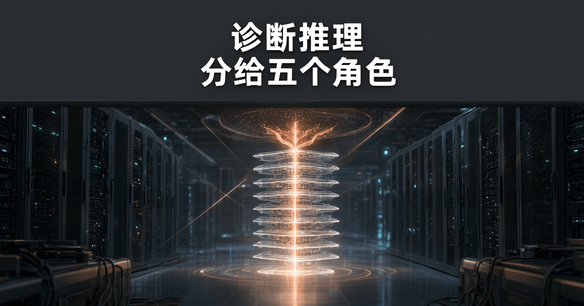 深色数据空间中央的多层半透明诊断路径光板结构,青蓝同心光环与红色数据流穿过