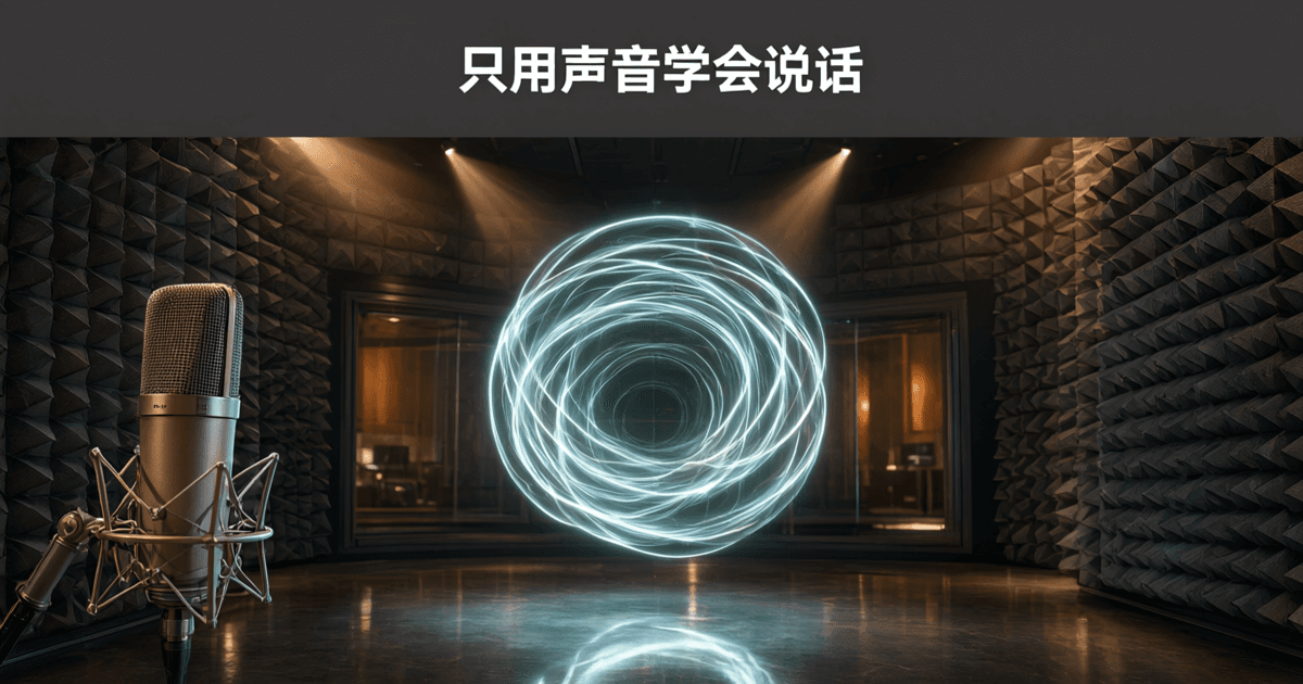 录音棚内深灰楔形吸音棉墙面,中央悬浮由同心声波圆环叠合而成的发光球体,前景一支金属麦克风