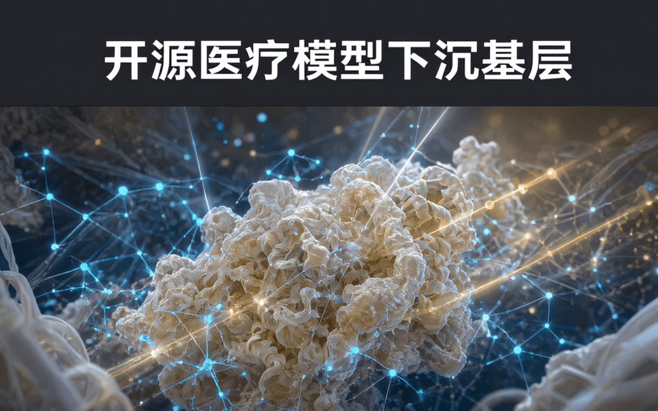 超高倍微距下的蛋白质折叠结构,珍珠白与浅金色褶皱,外围包裹青蓝色发光分子节点网络
