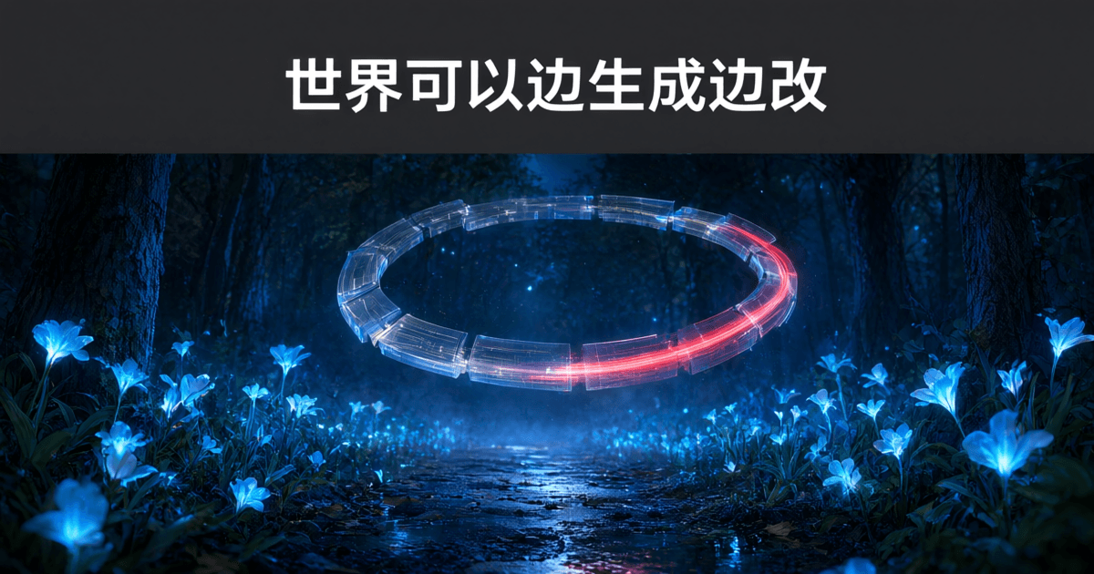 夜色林间小路上悬浮着由多段发光薄板首尾相接的环状结构,路边成片绽放青蓝色发光花朵
