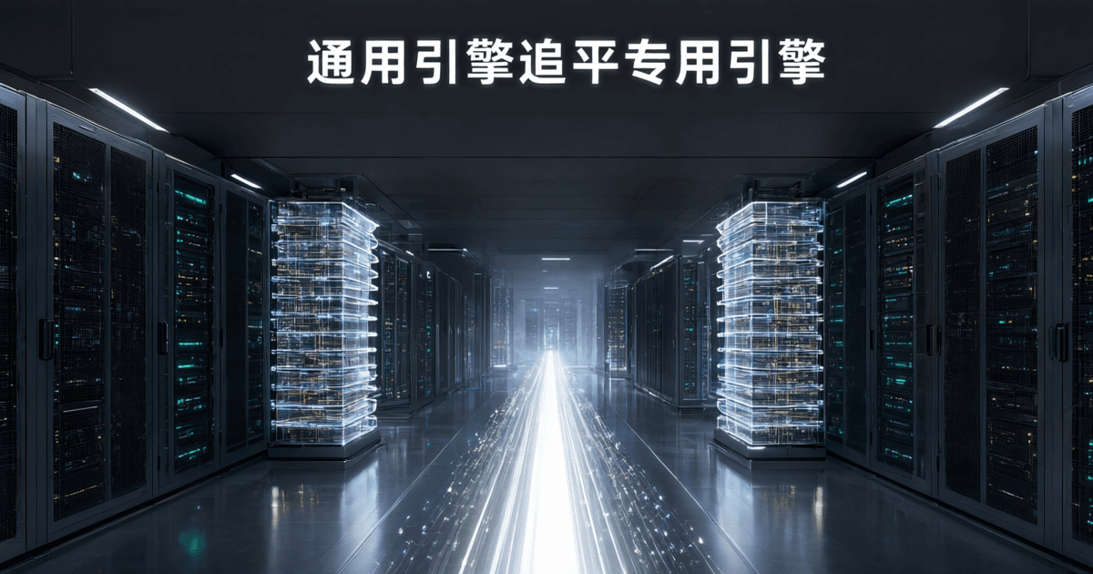 数据中心冷通道纵深透视,两侧成排深色网孔机柜与成列指示灯,中央白色高速光带直冲前景,两侧各有发光薄片塔
