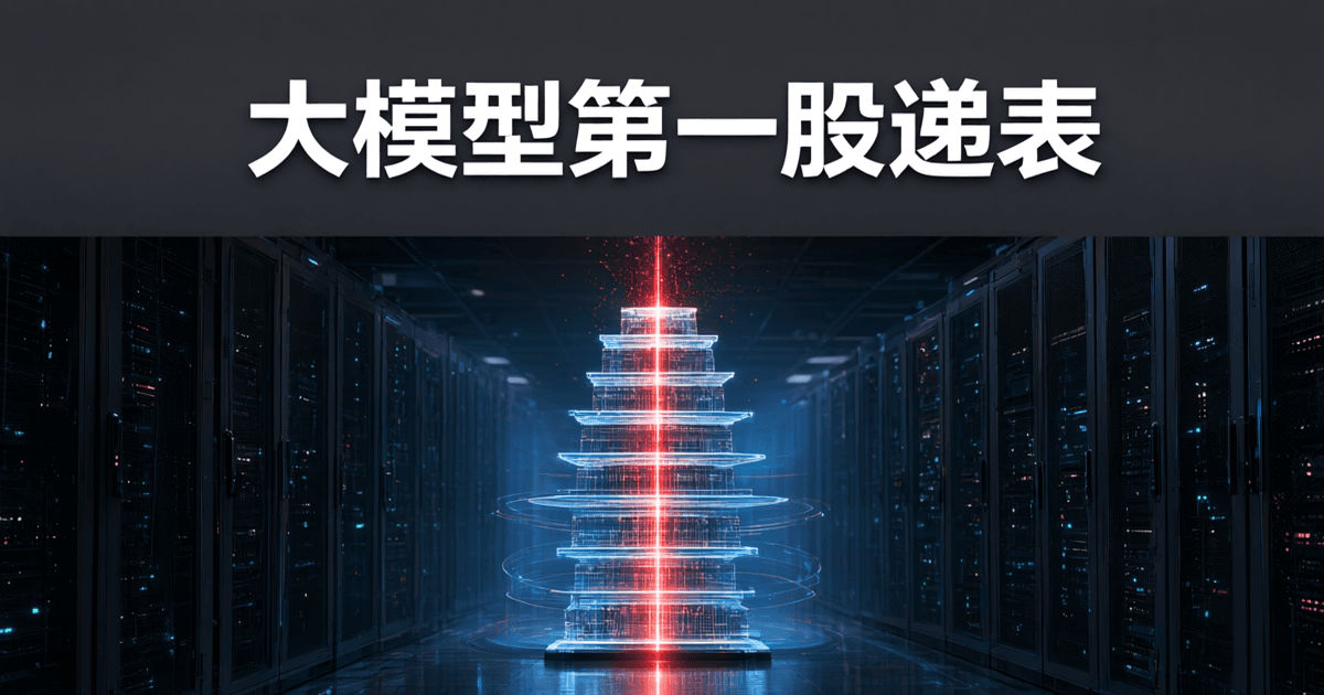 数据中心冷通道纵深,中央由多层发光薄板堆叠的垂直层级塔,赤红光流自塔底贯穿塔顶,顶部深色吊顶上一行白色中文标题:大模型第一股递表