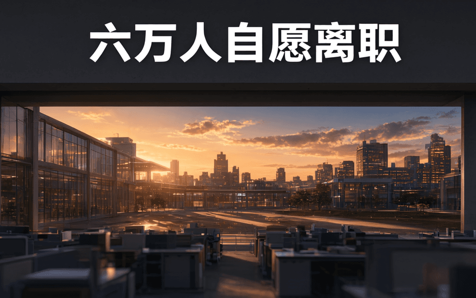 黄昏时分的科技园区,前景成排空置工位的虚化轮廓,中景玻璃连廊,远景城市天际线密集窗灯,顶部深色檐口上一行白色中文标题:六万人自愿离职