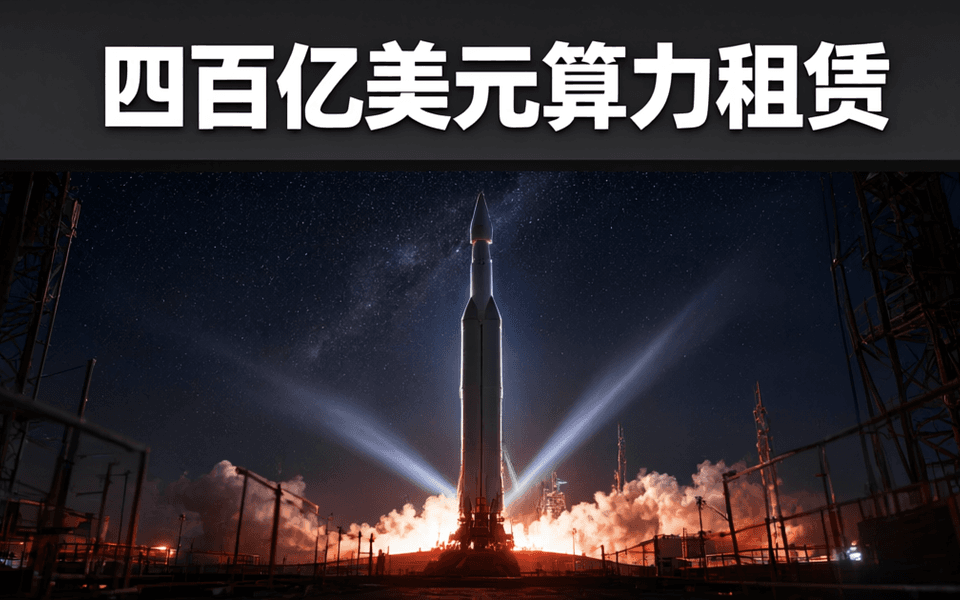 夜间航天发射场,金属塔架剪影与白色箭体逆光轮廓,探照灯光柱与地面蒸汽云,远处地平线与星空,顶部深色区域一行白色中文标题:四百亿美元算力租赁