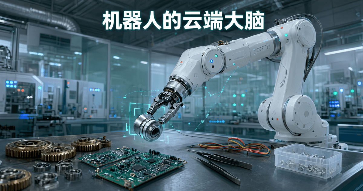 工业机械臂在冷光车间中作业,背景是流动的数据光线