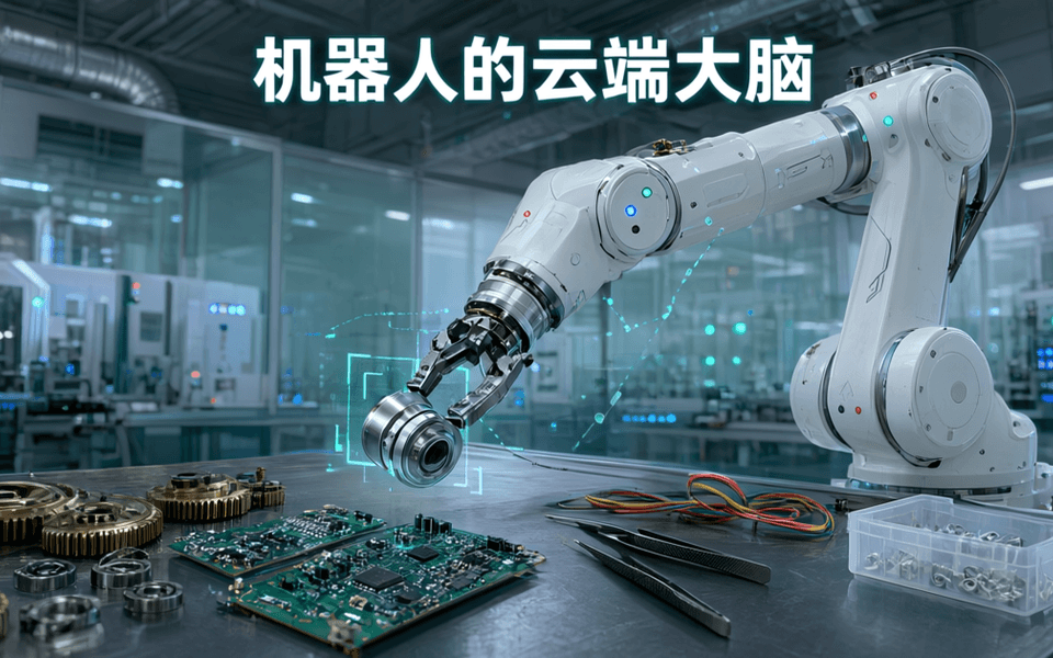 工业机械臂在冷光车间中作业,背景是流动的数据光线