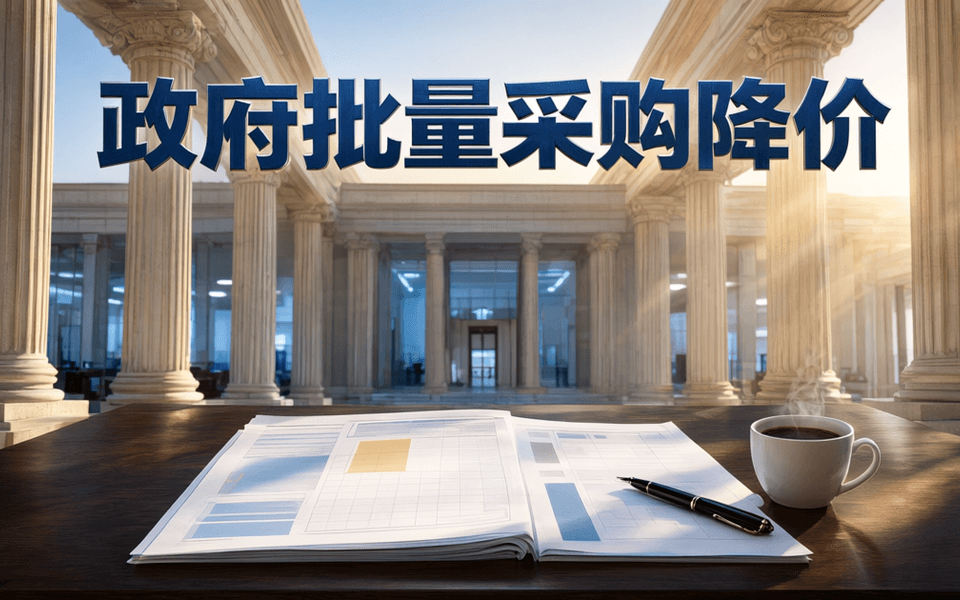 政府建筑立柱与数据光带交织,象征公共部门采购数字化