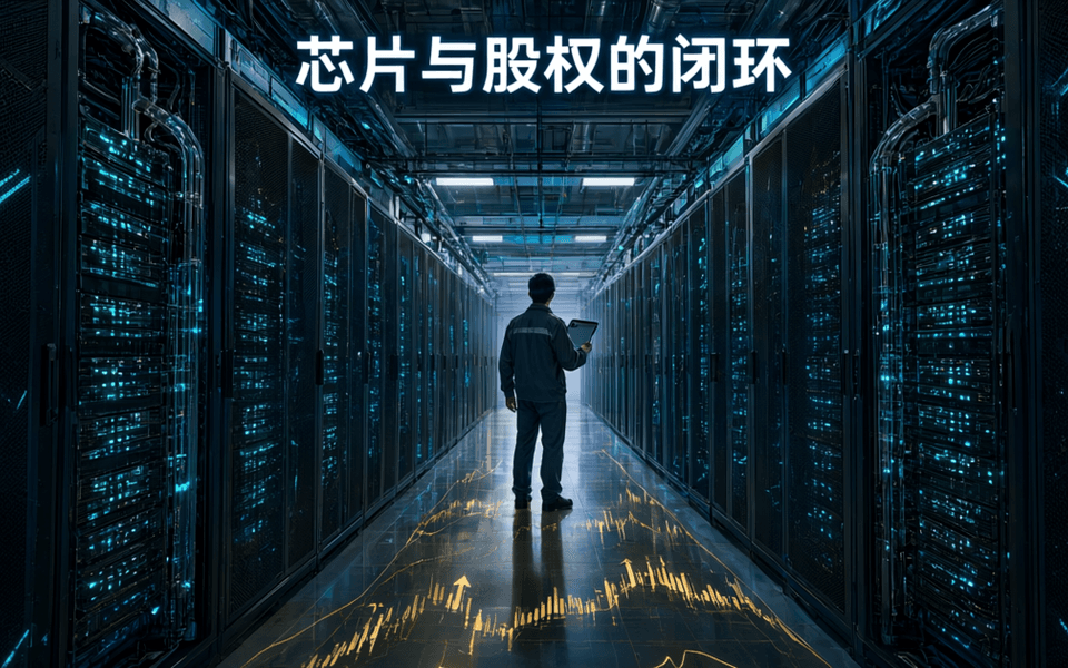 芯片与股权凭证在深色背景中构成闭环的视觉隐喻