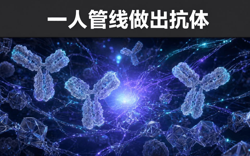 超高倍显微视角下的发光晶体与光丝网络,Y 形抗体分子结构悬浮其中,粒子光流环绕
