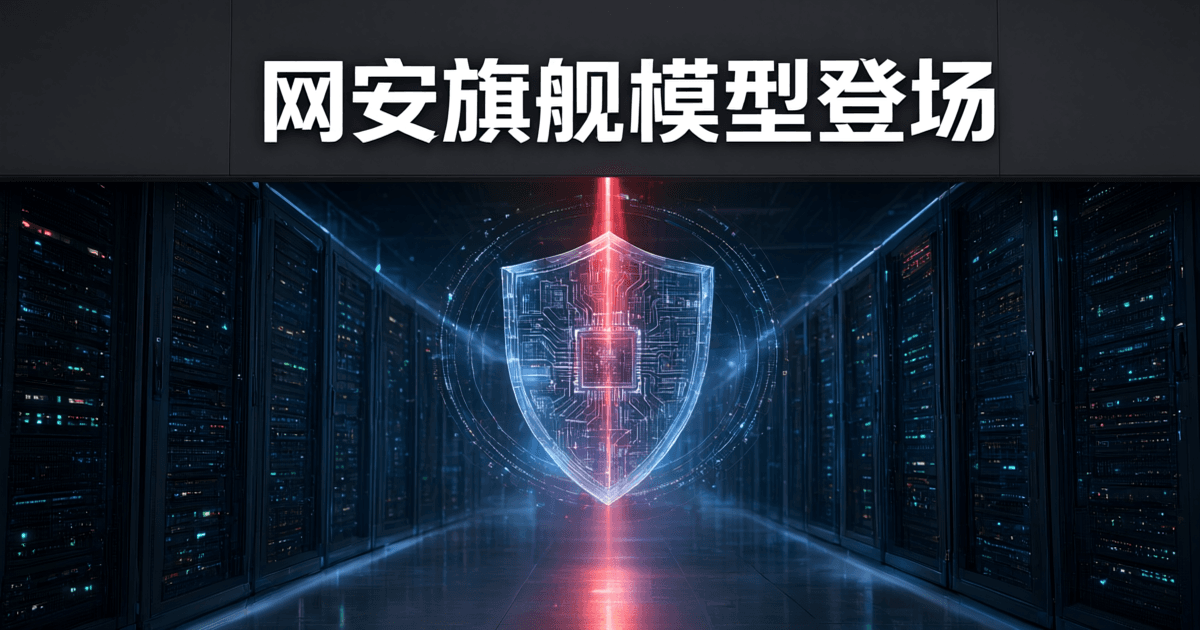 数据中心冷通道中悬浮的半透明几何盾牌,内部为芯片晶格纹理,红色扫描光束与多层同心光环环绕